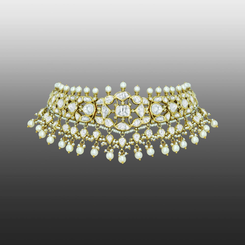 Ivory Polki Choker Set with Pearl Clusters